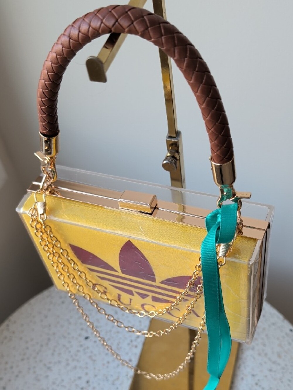 Upcycled Gucci X Adidas Yellow Box Clutch with Burgundy Logo and Teal Ribbon - Picture 5 of 10